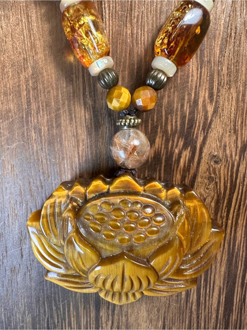 Tiger’s Eye Lotus Pendant Necklace with Golden Rutile and Amber on Rope - Picture 10 of 16